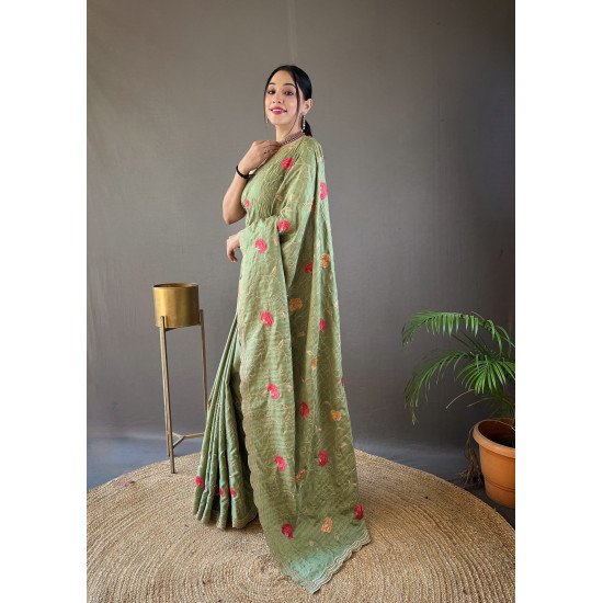 Pure Tussar Silk Saree with Embroidery Jaal and Floral Design