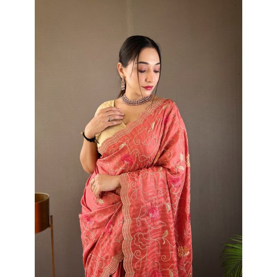 Pure Tussar Silk Saree with Embroidery Jaal and Floral Design