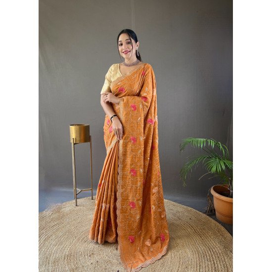 Pure Tussar Silk Saree with Embroidery Jaal and Floral Design