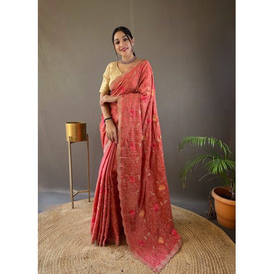 Pure Tussar Silk Saree with Embroidery Jaal and Floral Design