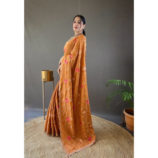 Pure Tussar Silk Saree with Embroidery Jaal and Floral Design