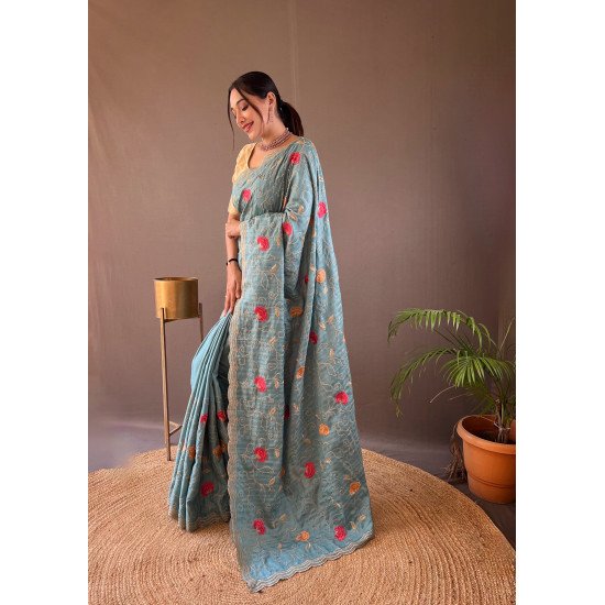 Pure Tussar Silk Saree with Embroidery Jaal and Floral Design