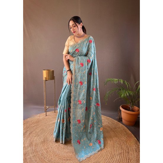 Pure Tussar Silk Saree with Embroidery Jaal and Floral Design