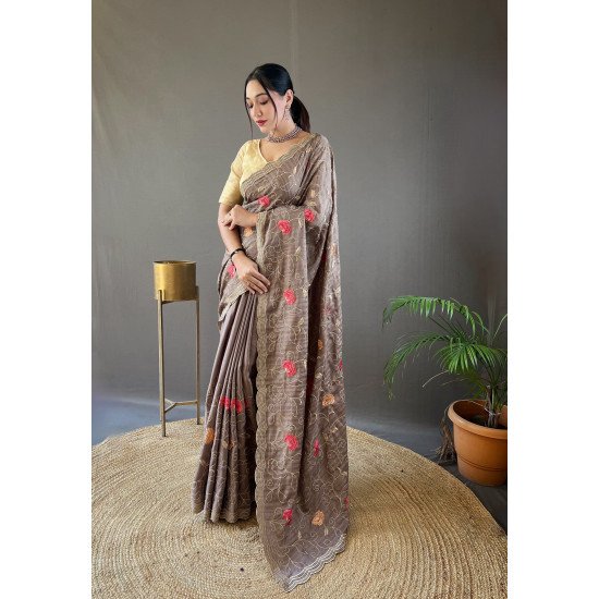 Pure Tussar Silk Saree with Embroidery Jaal and Floral Design