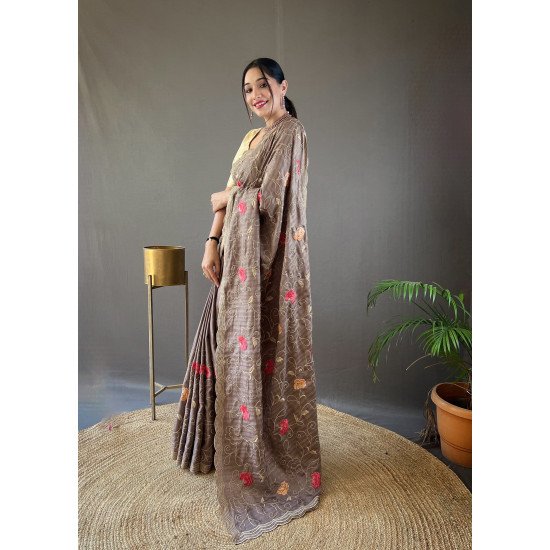 Pure Tussar Silk Saree with Embroidery Jaal and Floral Design