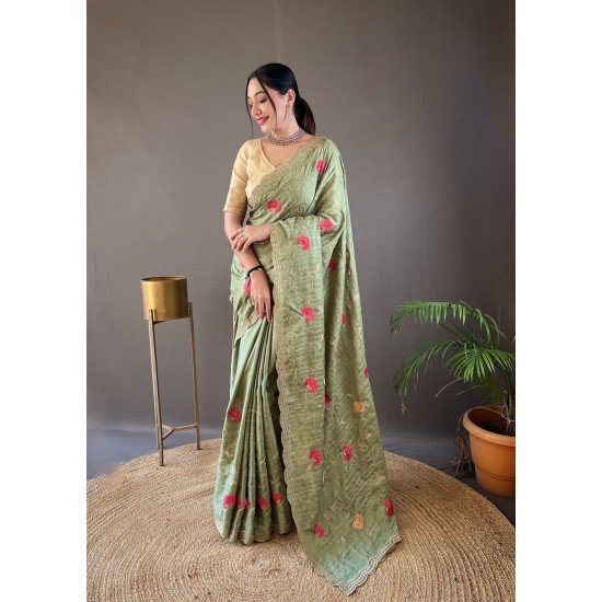 Pure Tussar Silk Saree with Embroidery Jaal and Floral Design