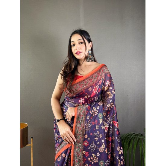 Pure Malai Cotton Saree with Kalamkari Prints and Contrast Pallu