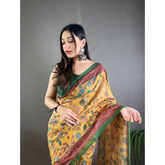 Pure Malai Cotton Saree with Kalamkari Prints and Contrast Pallu