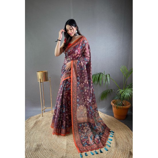 Pure Malai Cotton Saree with Kalamkari Prints and Contrast Pallu