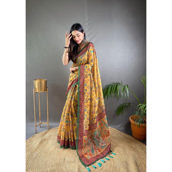 Pure Malai Cotton Saree with Kalamkari Prints and Contrast Pallu