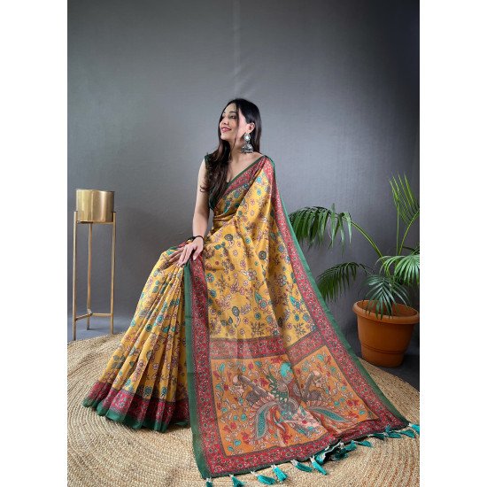 Pure Malai Cotton Saree with Kalamkari Prints and Contrast Pallu