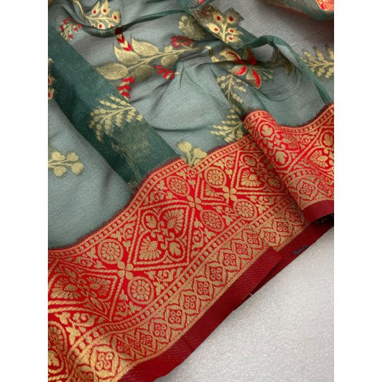 Green organza silk saree with zari work