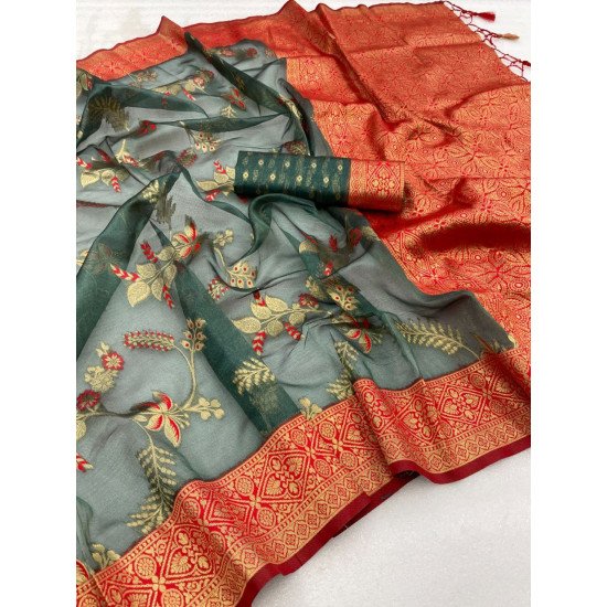 Green organza silk saree with zari work