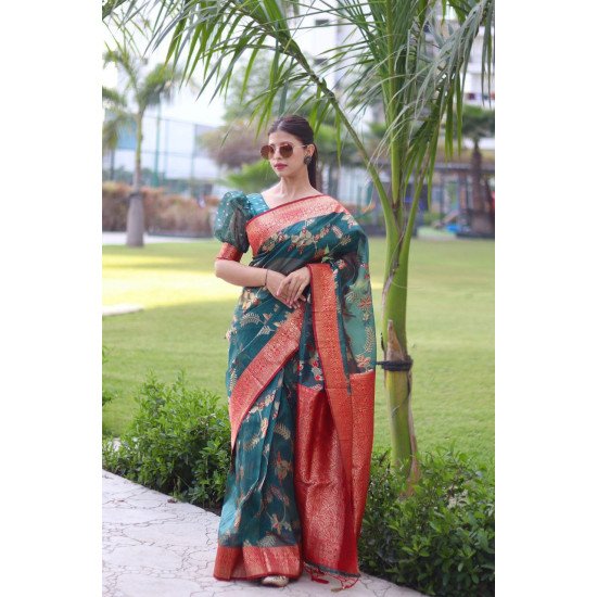 Green organza silk saree with zari work