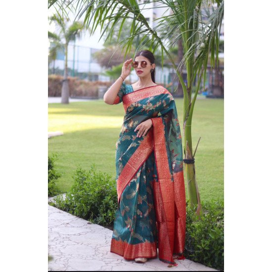 Green organza silk saree with zari work