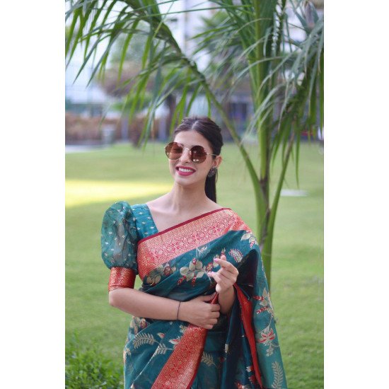 Green organza silk saree with zari work