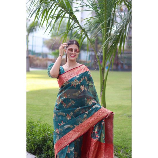 Green organza silk saree with zari work