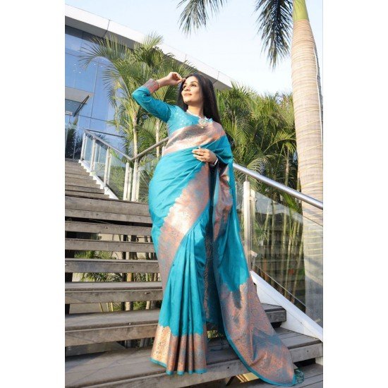 $48 - $60 - Firozi Banarasi Silk Saree and Firozi Banarasi Silk Sari online  shopping