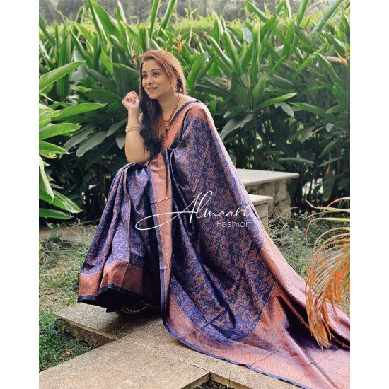 Stunning look navy blue heavy banarasi saree