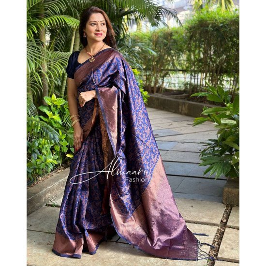 Stunning look navy blue heavy banarasi saree