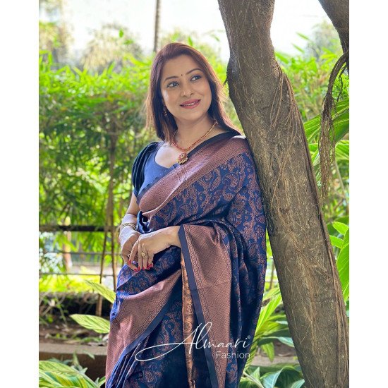 Stunning look navy blue heavy banarasi saree