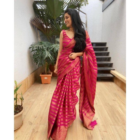 Pink Zari Weaving Fancy Wedding Wear Dola Silk Saree