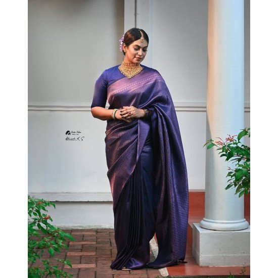 Violet color pure banarasi saree for wedding with copper zari weaving