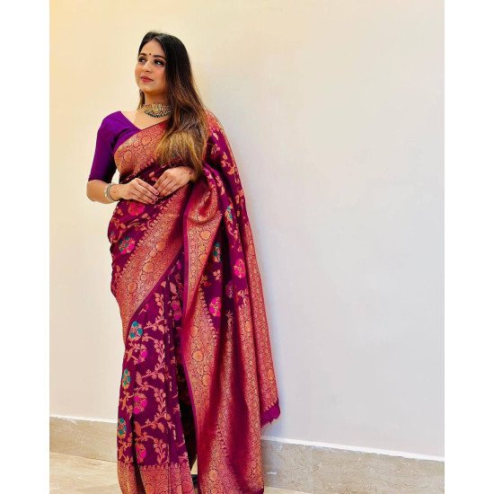 Pure Purple color copper zari banarasi silk saree