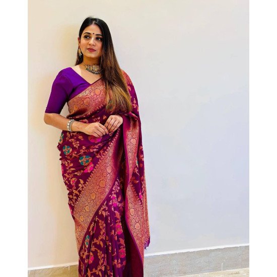 Pure Purple color copper zari banarasi silk saree