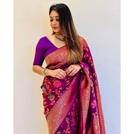 Pure Purple color copper zari banarasi silk saree