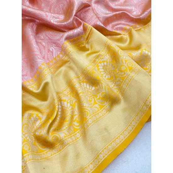 Mesmerizing Peach banarasi silver zari saree with contrast yellow blouse