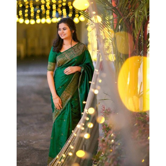 Copper zari weaving dark green banarasi saree