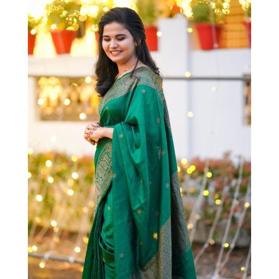 Copper zari weaving dark green banarasi saree