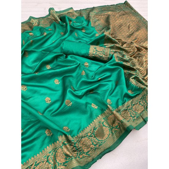 Copper zari weaving dark green banarasi saree