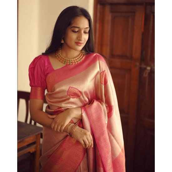 Stunning peach pure zari banarasi saree with heavy brocade blouse