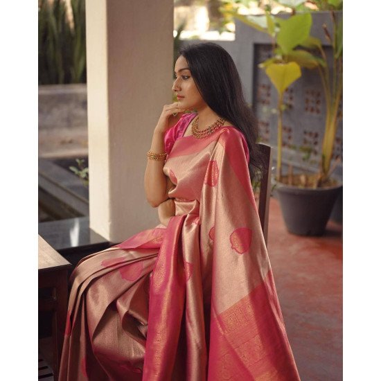 Stunning peach pure zari banarasi saree with heavy brocade blouse