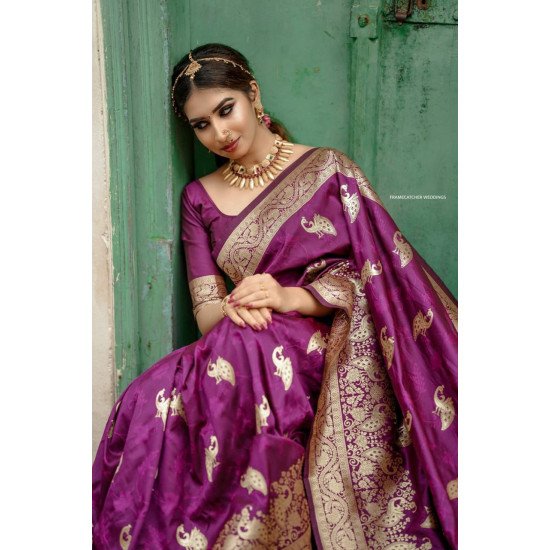 Stylish peacock purple paithani litchi silk sarees 