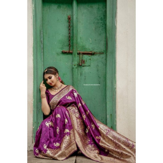 Stylish peacock purple paithani litchi silk sarees 