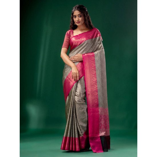 Greyish pink boder banarasi lichi silk saree