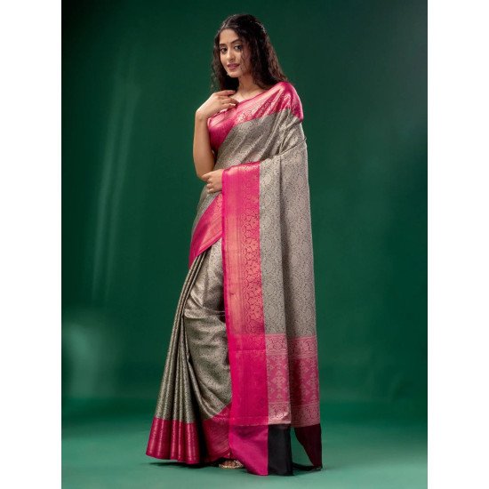 Greyish pink boder banarasi lichi silk saree