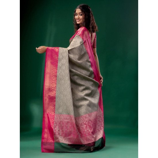 Greyish pink boder banarasi lichi silk saree