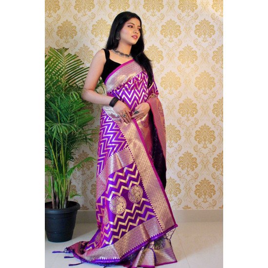 Sparkling Purple lilan cotton saree with zari copper weaving