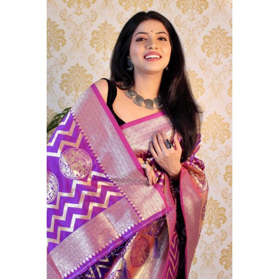 Sparkling Purple lilan cotton saree with zari copper weaving