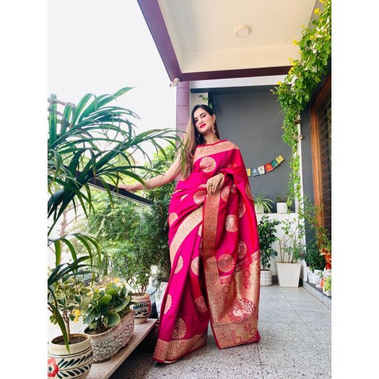 Beautiful Pinkish lichi silk saree with gold silver zari weaving