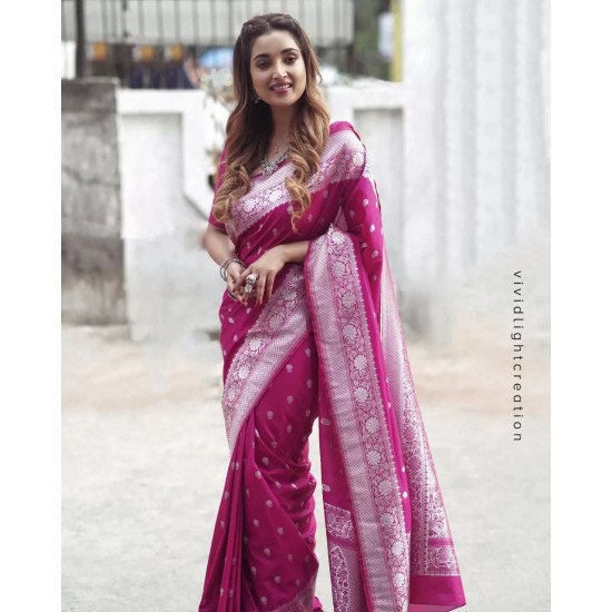 Designer pink banarasi soft silk brocade saree with silver zari weaving